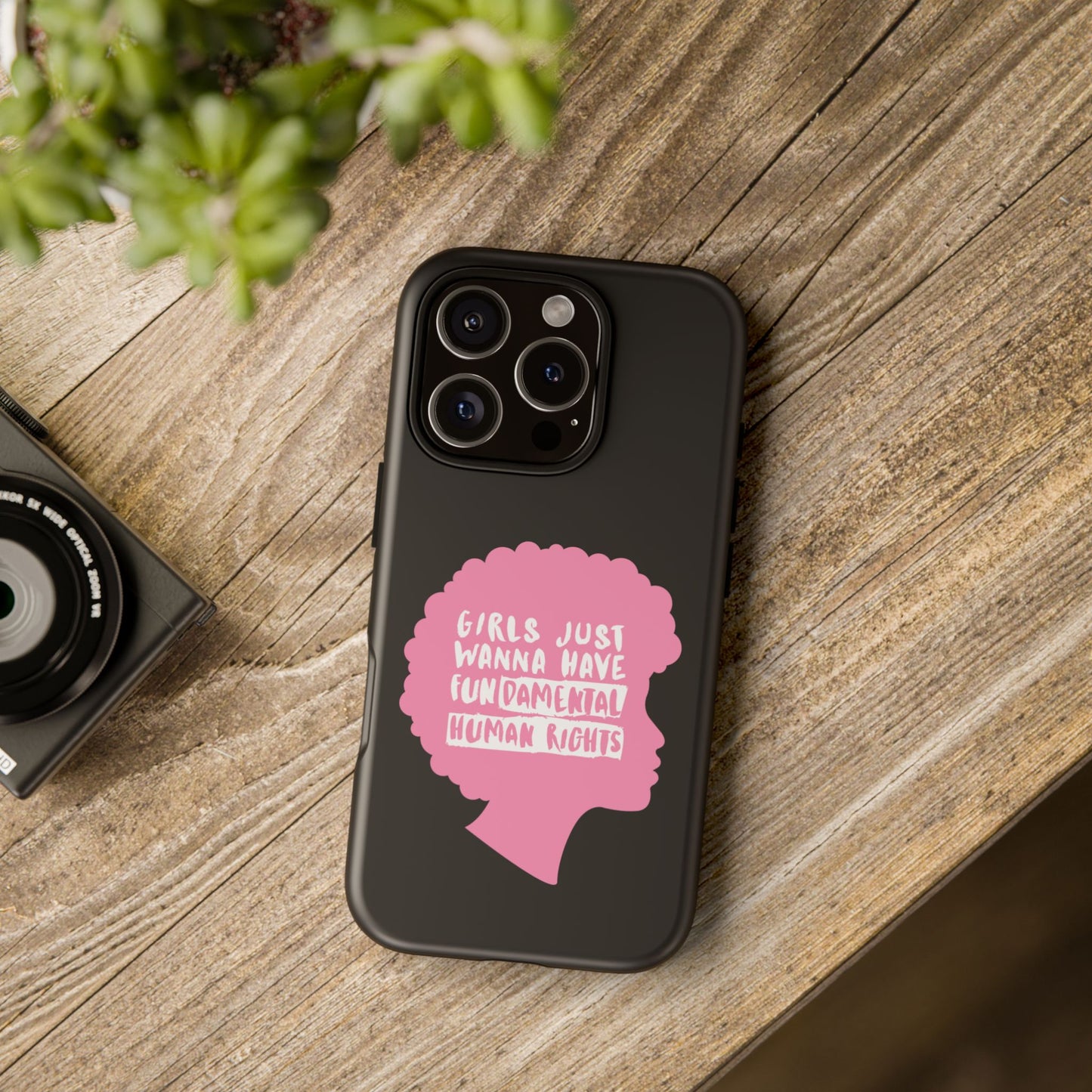 Phone Case — “Girls Just Wanna Have Fundamental Human Rights” Pink Silhouette Feminist Protective Cover