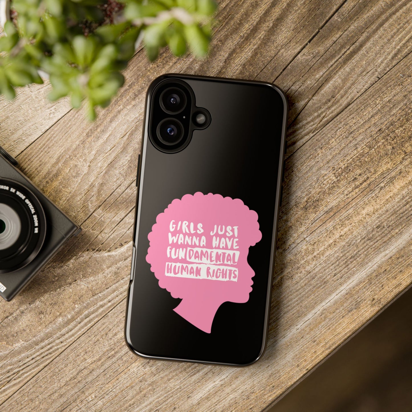 Phone Case — “Girls Just Wanna Have Fundamental Human Rights” Pink Silhouette Feminist Protective Cover