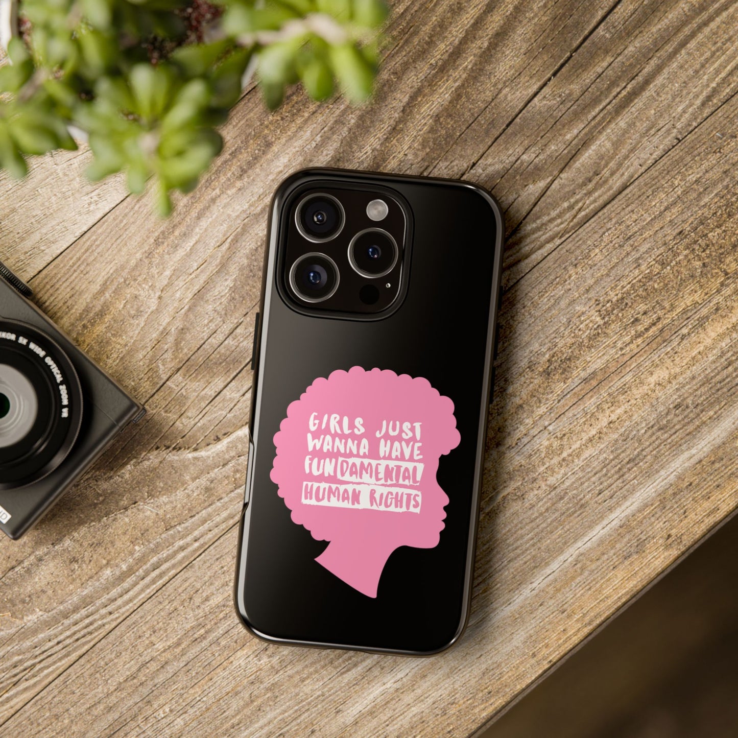 Phone Case — “Girls Just Wanna Have Fundamental Human Rights” Pink Silhouette Feminist Protective Cover