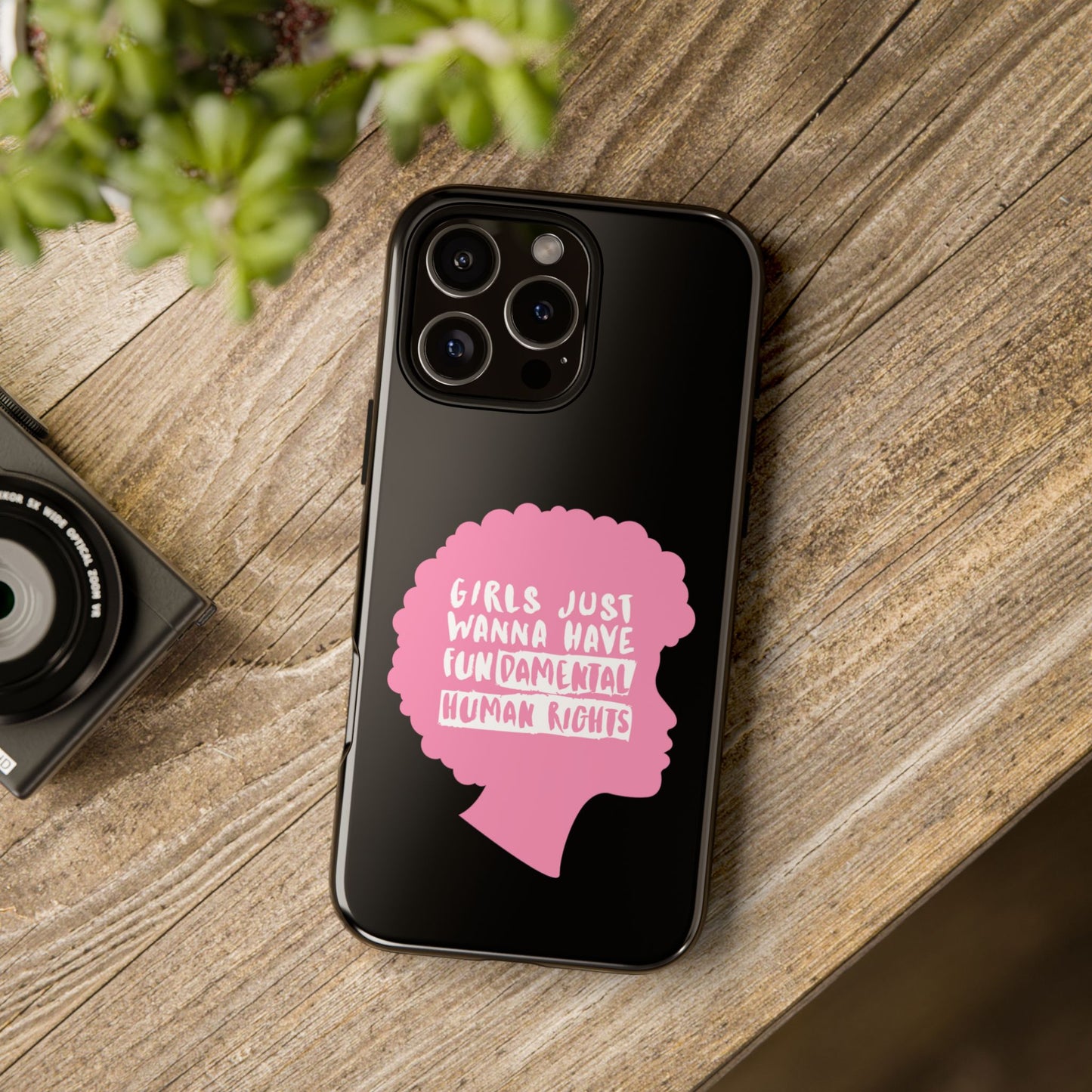 Phone Case — “Girls Just Wanna Have Fundamental Human Rights” Pink Silhouette Feminist Protective Cover