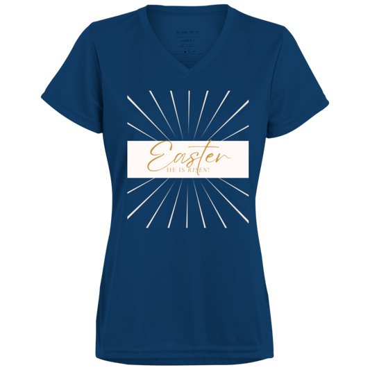 Easter He is Risen Ladies’ Moisture-Wicking V-Neck Tee